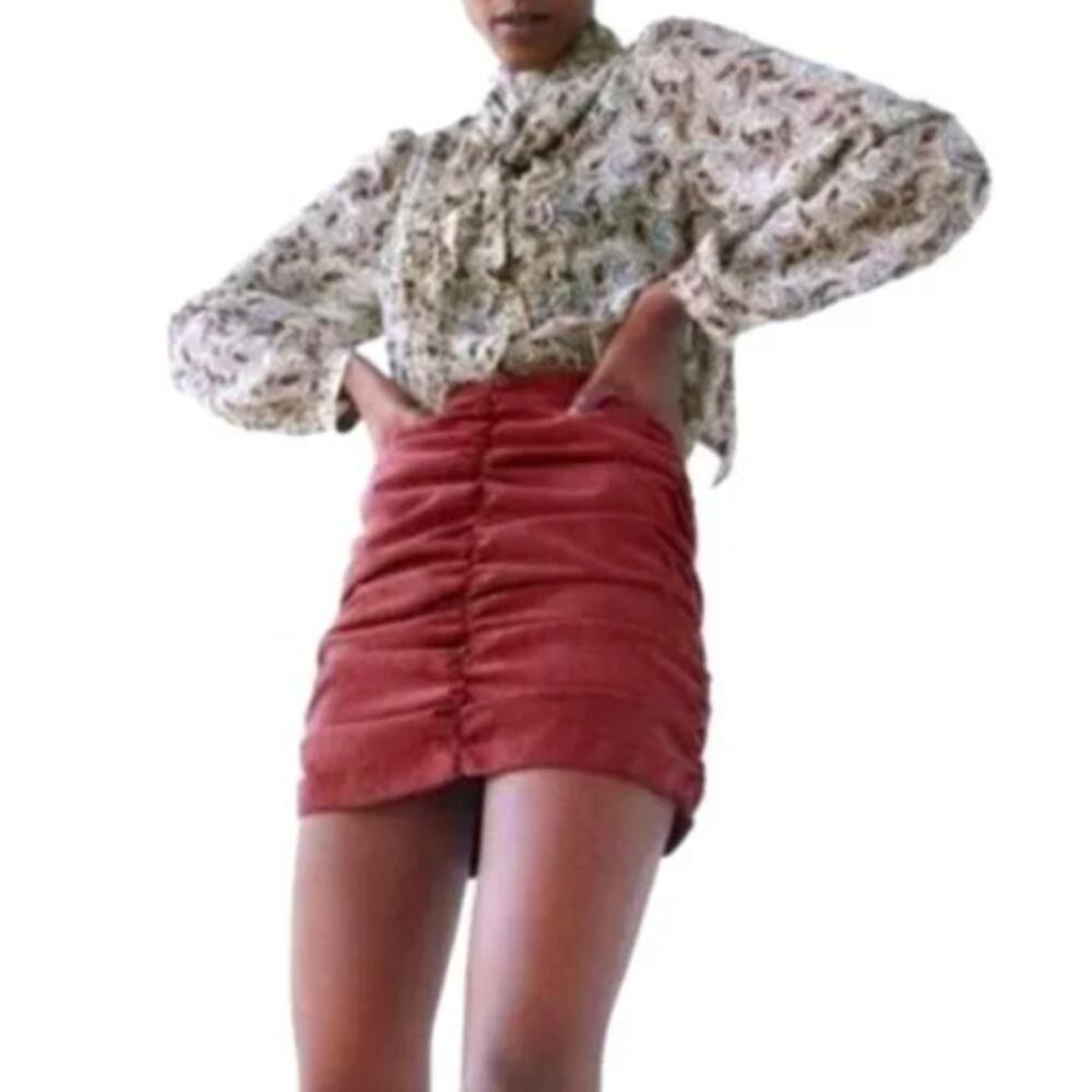 Zara Women's Red Maroon Ruched Corduroy High Waisted Fitted Mini Skirt Size S